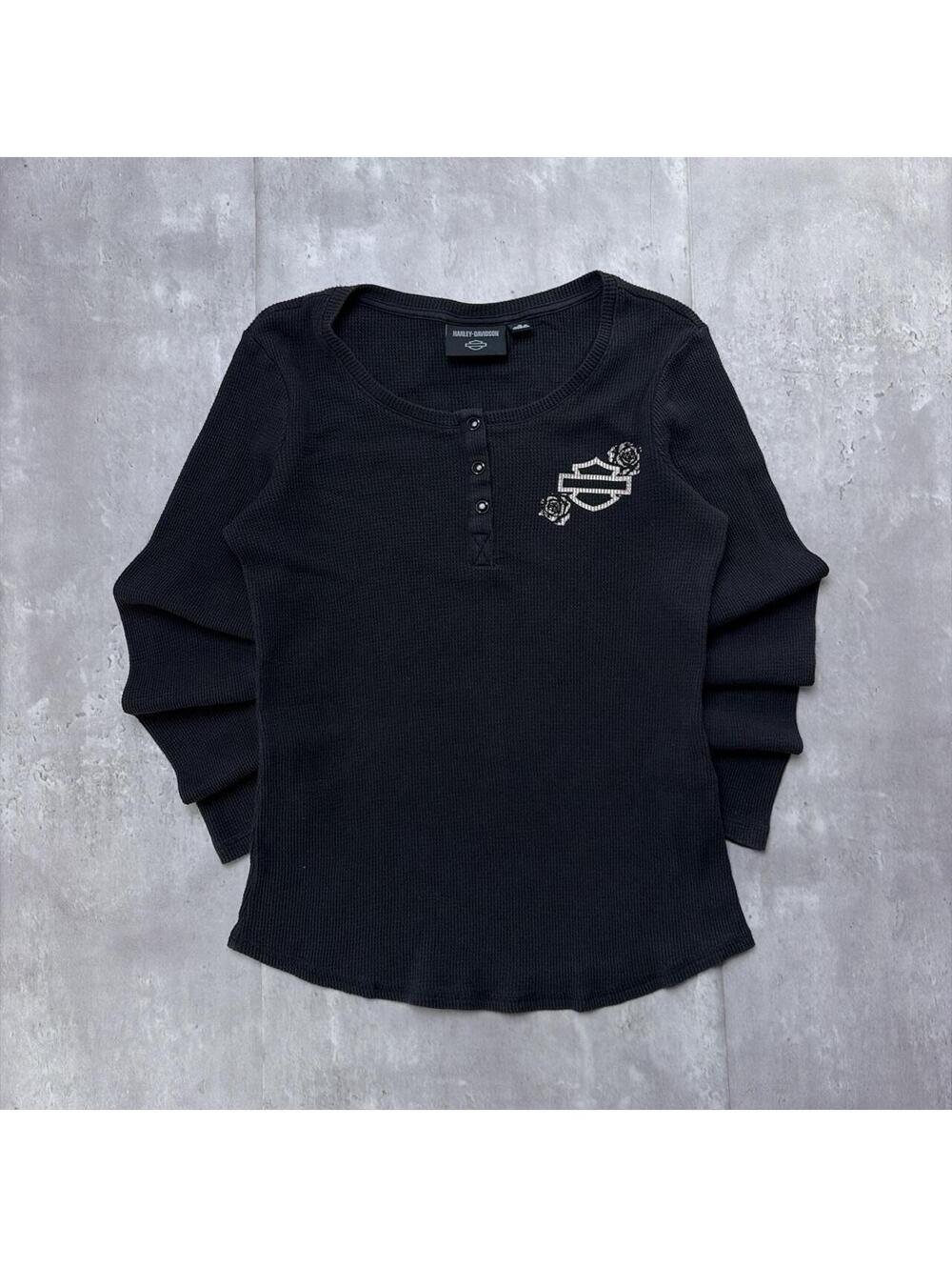 Y2K Black Harley Davidson Grunge Gothic Biker Thermal Long Sleeve Henley Shirt